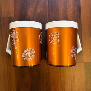 Vintage West Bend Thermo Serve Mugs Set of 2 Orange Sun Flower Snow Flake Design
